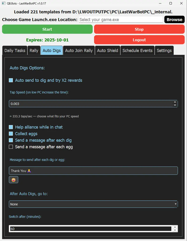 Auto Digs Tasks Page from LastWarBot