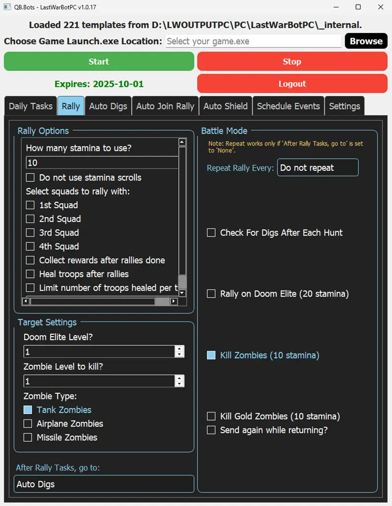 Rally Tasks Page from LastWarBot