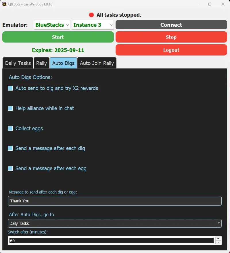 Auto Digs Tasks Page from LastWarBot