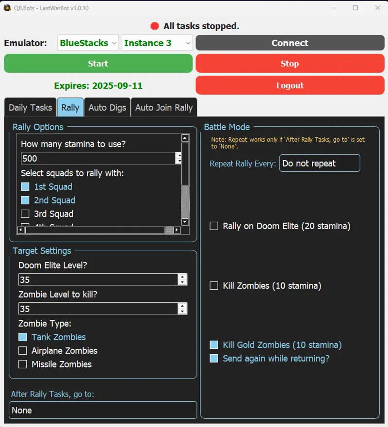 Rally Tasks Page from LastWarBot